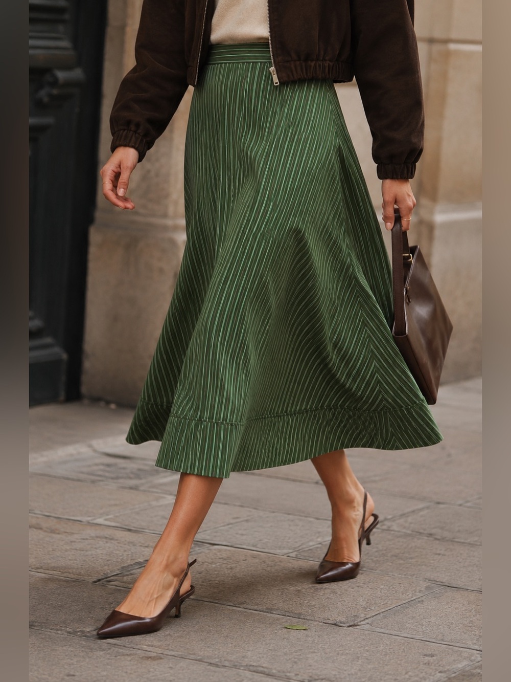 Zara ZW Collection NWT Green Striped A-Line Midi Skirt